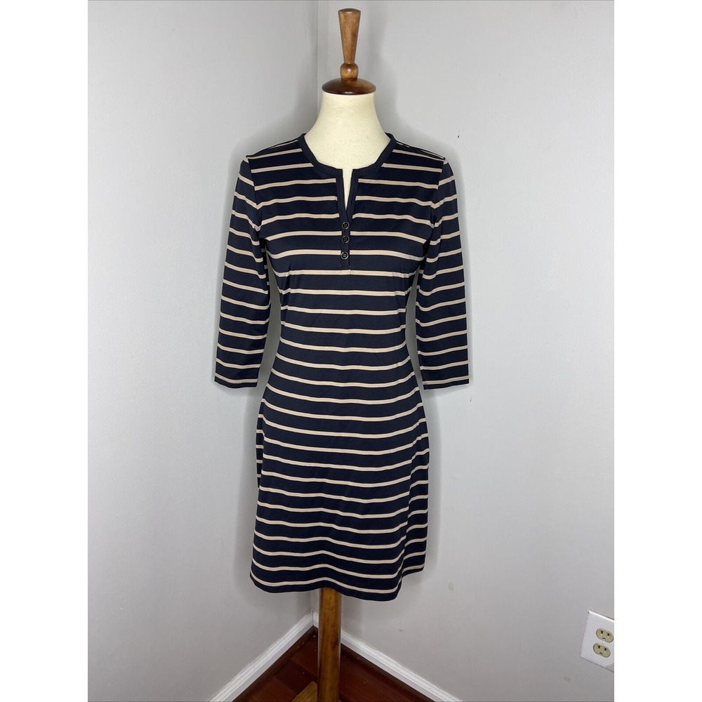 J. Mclaughlin Black Brown Strip 3/4 Sleeve Catalina Stretch Dress Small‎ S